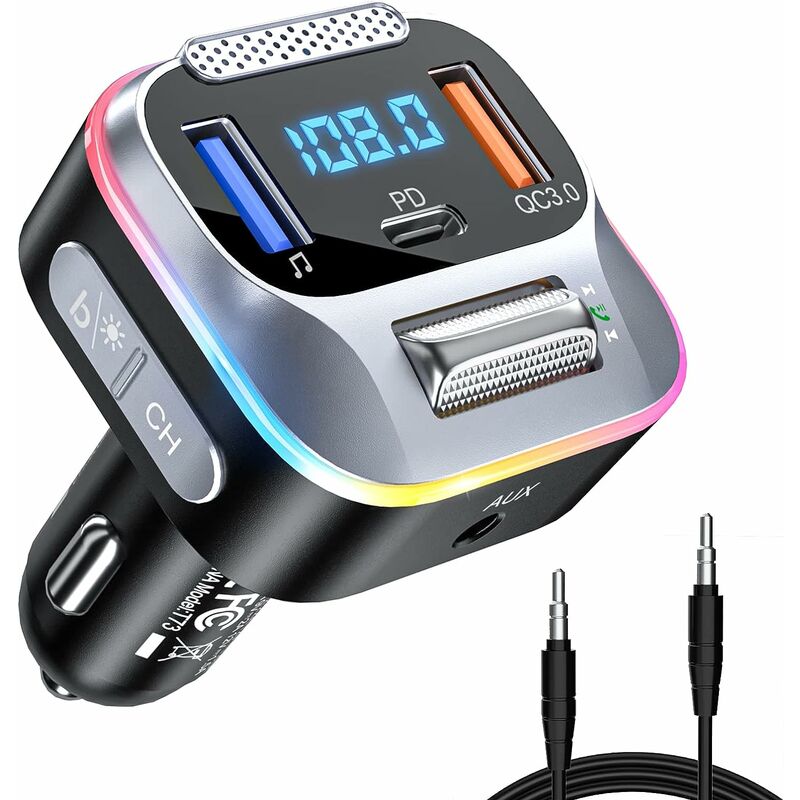 Bluetooth-FM-Transmitter, Bluetooth-Adapter für Autoradio, FM-Transmitter,  Autoladegerät, Zigarettenanzünder mit Freisprecheinrichtung, 2  USB-Anschlüsse (5 V/2,4 A und 1 A), Unterstützung für TF-Karte