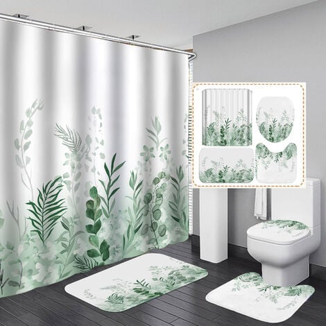 Set mit 4 grünen Marmor-Duschvorhängen mit Badematte, Duschset, WC