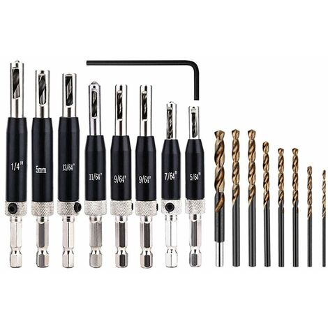 Scharnierbohrer-Set, 16-teilig, selbstzentrierende HSS-Scharnierbohrer für Holztüren, Fenster, Schränke, Schubladen, Vorbohrungen, Ersatzbits und 1 Sechskantschlüssel, 5/64"-1/4" (1/5)