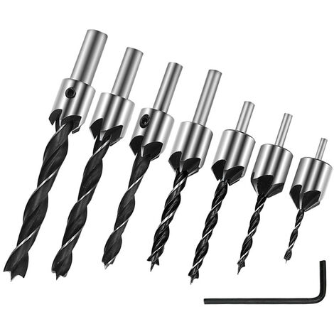 7-teiliges verzinktes Bohrer-Set, Dreipunkt-Holzschnitz-Fasenbohrer-Set mit Sechskantschlüssel, Hochgeschwindigkeits-Stahlbohrer, plattierte, verstellbare Zimmerei-Reibahle für Holzbearbeitung, Heimwe (1/5)