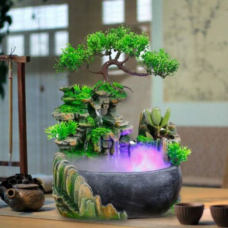 Zimmerbrunnen aus Kunstharz mit Beleuchtung, Simulationsstein,  Garten-Tischbrunnen, Dekoration, Wasserspiel, LED-Wasserfallbrunnen, Bonsai,  Heimdekor fr Bro, Schlafzimmer, Dekoration