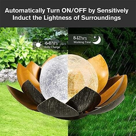 LED-Solar-Blumenlicht, Crackle-Glas-Gartendekoration, Metall-Solarlaterne, Seerose, Tischlampe für den Außenbereich (Orange)