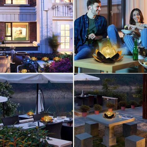 LED-Solar-Blumenlicht, Crackle-Glas-Gartendekoration, Metall-Solarlaterne, Seerose, Tischlampe für den Außenbereich (Orange)