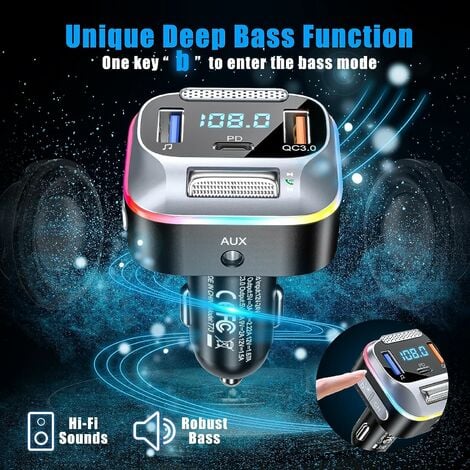 Auto-Bluetooth-FM-Transmitter, Bluetooth 5.0-Zigarettenanzünder,  PD+QC3.0-Autoladegerät, Aux-Empfänger, großes Mikrofon