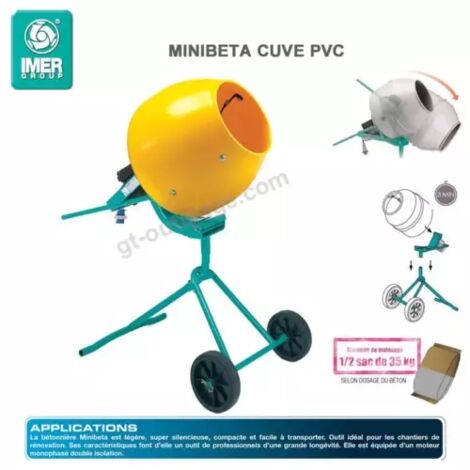 Imer – Bétonnière électrique 230V – Cuve plastique HDPE 134L – Moteur monophasé 0.3 kW – Pales en acier orientables 360°