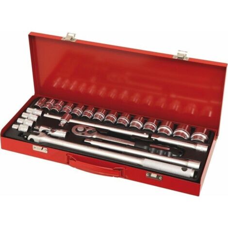 Drakkar Equipement – Coffret cliquet et douilles 1/2' – 24 pièces – 18 douilles de 10 à 32 mm – Cliquet réversible 36 dents – Rallonge et poignées incluses