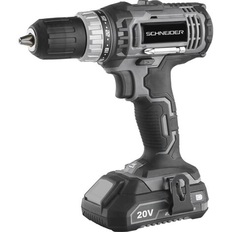 Schneider – Perceuse-visseuse sans fil 20V 2Ah Li-ion – Couple 35Nm pour perçage bois jusqu'à 35mm – Éclairage LED intégré – Coffret PVC inclus