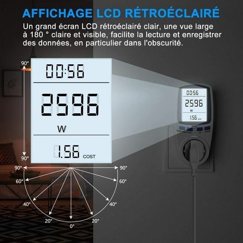 HIULLEN Wattmètre Prise, Compteur de Consommation Electrique, Compteur  d'Énergie avec 14 Modes Surveillance et l'écran LCD, Prise de Consommation  Électrique Protection Contre Les Surcharges 3680W : : Bricolage