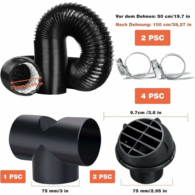 Tuyau de chauffage de voiture - Accessoires de kit de tube en T - Diamètre  de 75 mm (noir)
