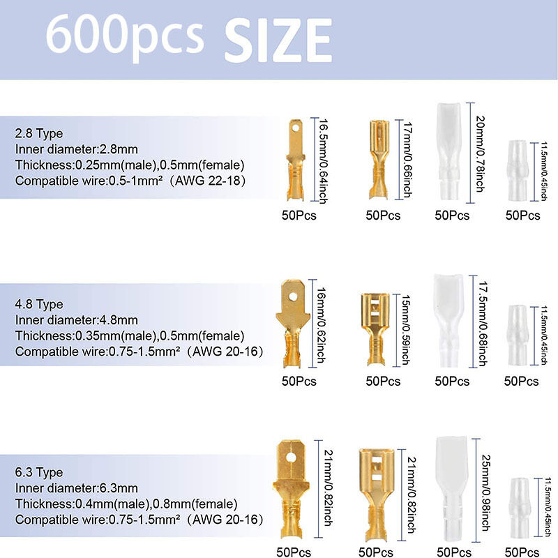 600 Pcs Cosses à Sertir en Laiton - 2.8/4.8/6.3mm - Cosse Électrique avec  Isolation - Mâle