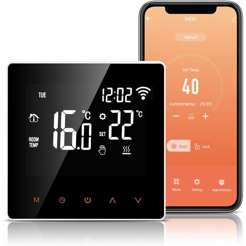 Intelligent Thermostat WiFi Connecté pour Chaudiere gaz/Eau 3A Filaire  Alexa/Google Home/Tuya Smart Life APP Compatible, Thermostats d'ambiance  Programmable Chaudière Murale Noir MNS
