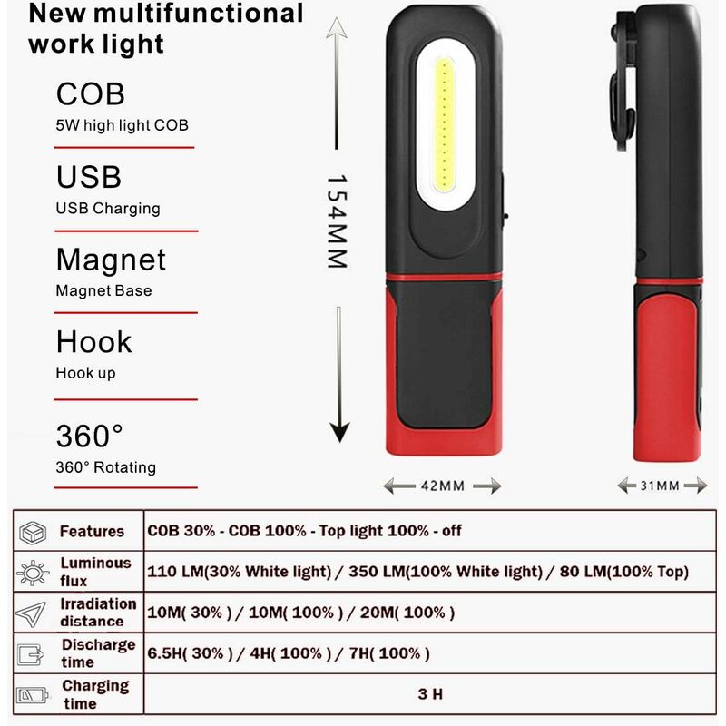 Lampe stylo led 1W COB 120lm magnétique rechargeable