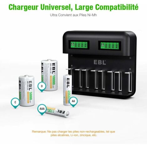 Chargeur de Piles Universel LCD - Chargeur pour AA/LR6, AAA/LR3, C/R14,  D/R20 Ni-MH Piles Rechargeables, Technologie de Détection de Piles