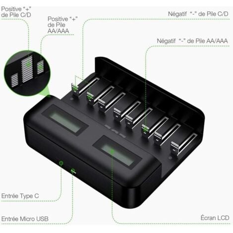 Chargeur de batterie USB à affichage LCD avec 8 piles pour Pile