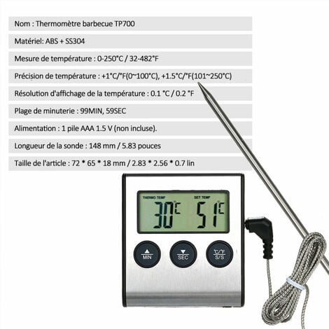 Thermomètre de Cuisson des Aliments 0250°C avec Minuterie d'Alarme - Jauge  de Température pour