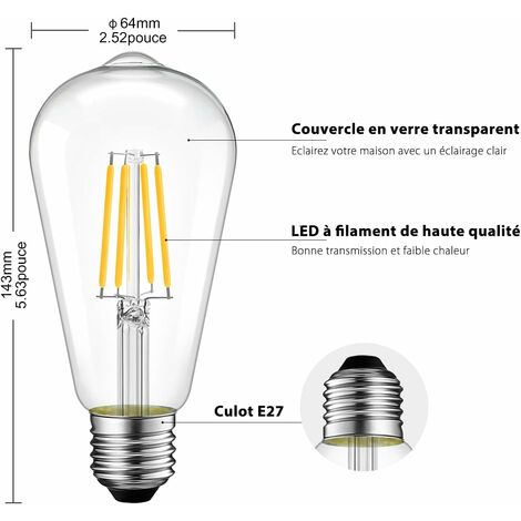 Lot de 2 ampoules led Classe A, Edison, E27, 806Lm = 60W, blanc