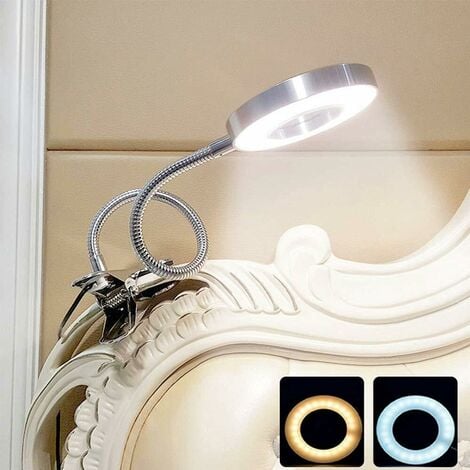 Lampe de Pupitre, Clip Blanc sur Lampes de Livre à LED, USB et AAA à Piles,  Lampe de Lecture dans le Lit, 4 Niveaux de Luminosité