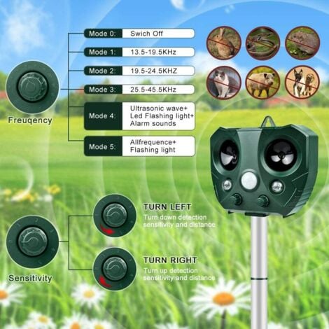 Répulsif à ultrasons pour chat-répulsif solaire pour chat étanche et réglable en fréquence avec alarme et lumières clignotantes pour repousser les parasites