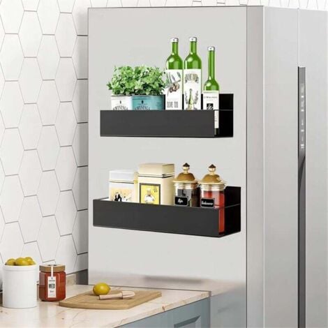 étagère Magnétique pour Réfrigérateur, 2 étagères Aimantées Métaux Porte-épices Magnétique étagère à épices cuisine, peu encombrante sans Perage, pour le Rangement et Organisation de Cuisine, Noir