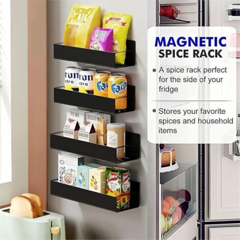 étagère Magnétique pour Réfrigérateur, 2 étagères Aimantées Métaux Porte-épices Magnétique étagère à épices cuisine, peu encombrante sans Perage, pour le Rangement et Organisation de Cuisine, Noir