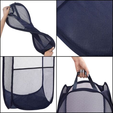 Lot De 3 Paniers à Linge Pliables Belle Vous - Maille Bleue, 63x32x32 Cm, Capacité 5 Kg, Avec Poignées