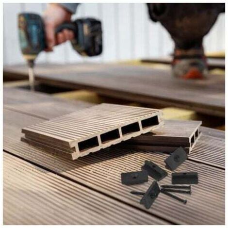 Clips De Fixation Cachée Pour Lames Terrasse WPC - Lot De 100 + 20 Clips De Finition, Noir, 7.5 Cm