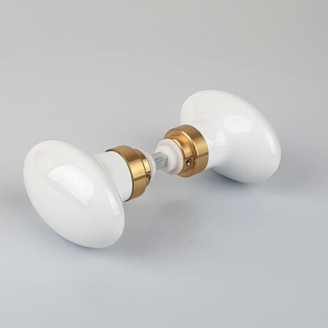 Ouvre&Déco - 2 boutons de porte intérieure en porcelaine blanche base laiton poli, OVAL