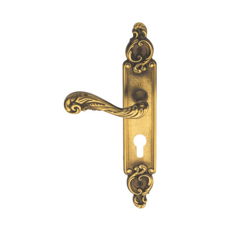 Ouvre&Déco – 1 poignée de porte gauche SULLY à cylindre – Laiton patiné – Entraxe 195 mm – Demi-garniture sur plaque – Endurance 200 000 cycles