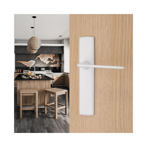 Ouvre&Déco – Poignées de porte TOM sans trou – Zamak blanc – Entraxe 165 mm – Longueur béquille 115 mm – Largeur plaque 36 mm