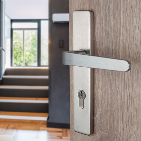 Ouvre&Déco – 2 poignées universelles DUALFIT sur plaque carrée CELIO trou de cylindre, Aluminium laqué nickel mat bi-entraxe 165-195