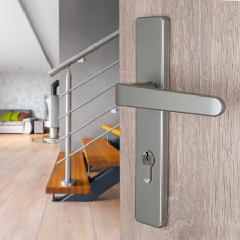 Ouvre&Déco – 2 poignées universelles DUALFIT sur plaque carrée CELIO trou de cylindre, Aluminium laqué gris bi-entraxe 165-195
