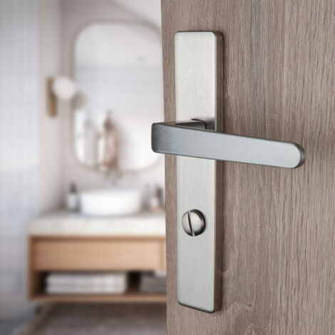 Ouvre&Déco – 2 poignées universelles DUALFIT sur plaque carrée CELIO verrou condamnation, Aluminium laqué nickel mat bi-entraxe 165-195