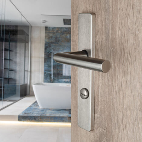 Ouvre&Déco – 2 poignées universelles DUALFIT sur plaque carrée EDISON verrou condamnation, Acier nickel mat bi-entraxe 165-195