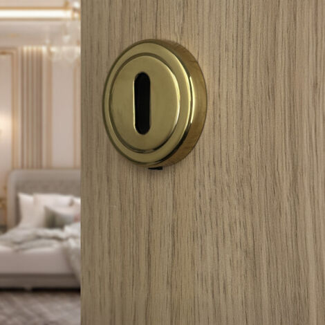 Ouvre&Déco – 2 rosaces de poignée de porte rondes avec liseré AURÉA entrée de clé, Laiton doré poli