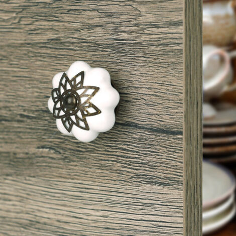Ouvre&Déco – Bouton de meuble SEQUIN STAR, Porcelaine blanc or Ø42 mm
