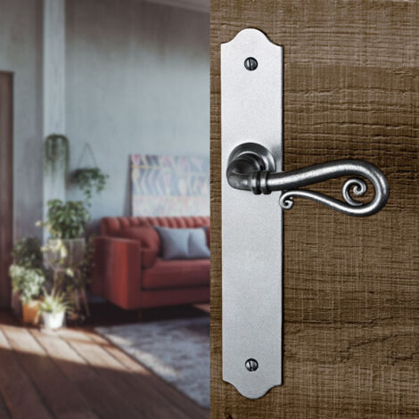 Ouvre&Déco – 2 poignées de porte NOBLE sans trou, Plaque fine minimaliste, Fer patiné gris entraxe 195 mm