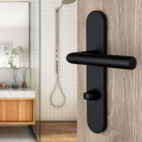 Ouvre&Déco – 2 poignées universelles Dualfit sur plaque ronde EDISON verrou condamnation, Acier noir mat bi-entraxe 165-195