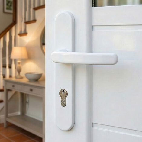 Ouvre&Déco – 2 poignées de porte d'entrée Aluminium blanc mat plaque standard 40mm trou cylindre entraxe 195 mm, BALTIC