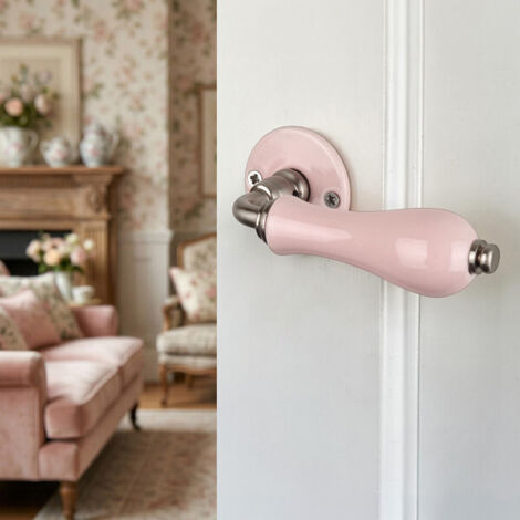 Ouvre&Déco – 2 poignées de porte LIZON sans trou porte pièce à vivre, Rosace ronde, Design Classique Chic, Porcelaine rose, Coude aspect or