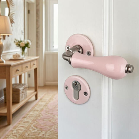 Ouvre&Déco – 2 poignées de porte LIZON trou de cylindre porte de bureau, service ou d'entrée, Rosace ronde, Design Classique Chic, Porcelaine rose, Coude aspect or