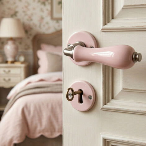 Ouvre&Déco – 2 poignées de porte LIZON entrée de clé porte chambre, Rosace ronde, Design Classique Chic, Porcelaine rose, Coude aspect or
