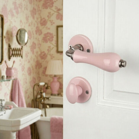Ouvre&Déco – 2 poignées de porte LIZON verrou condamnation porte salle bain WC, Rosace ronde, Design Classique Chic, Porcelaine rose, Coude aspect or
