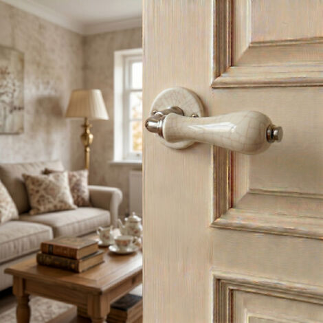 Ouvre&Déco – 2 poignées de porte LIZON sans trou porte pièce à vivre, Rosace ronde, Design Classique Chic, Porcelaine craquelé, Coude aspect or