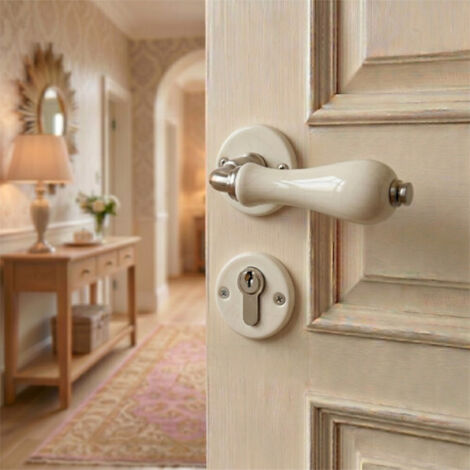 Ouvre&Déco – 2 poignées de porte LIZON trou de cylindre porte de bureau, service ou d'entrée, Rosace ronde, Design Classique Chic, Porcelaine craquelé, Coude aspect or