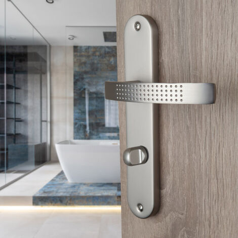 Ouvre&Déco – Paire de poignées de porte AUDACE verrou condamnation – Aluminium nickel mat – Entraxe 195 mm – Installation facile par vis apparentes