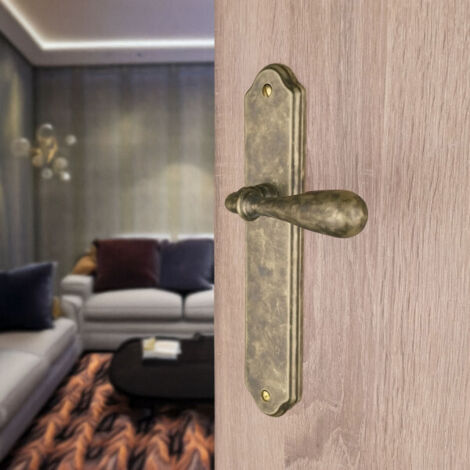 Ouvre&Déco – Poignée de porte CARINA sans trou – Laiton patiné antique – Entraxe 195 mm – Garniture complète sur plaque – Endurance 200 000 cycles