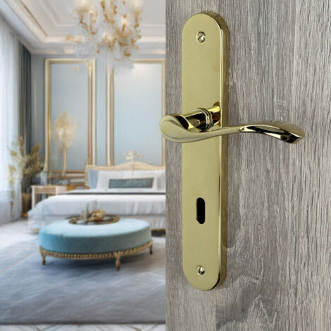 Ouvre&Déco – Poignée de porte d'entrée LAURA – Laiton poli brillant – Entraxe 195 mm – Plaque fonction clé L – Vernis haute résistance