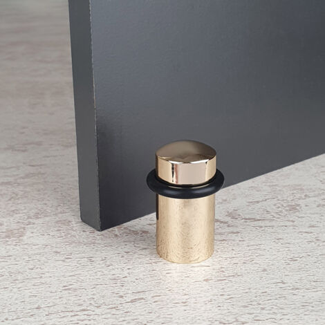 Ouvre&Déco – Butée de porte cylindrique à visser – Laiton doré poli brillant – Anneau en caoutchouc noir absorbant les chocs – Pour espaces humides