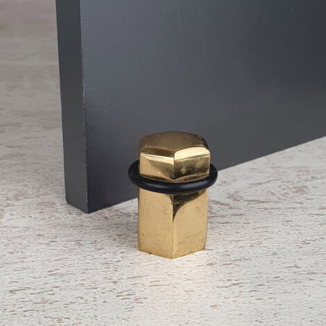 Ouvre&Déco – Butée de porte à fixer au sol hexagonale – Laiton doré poli brillant – Anneau en caoutchouc noir pour absorption des chocs