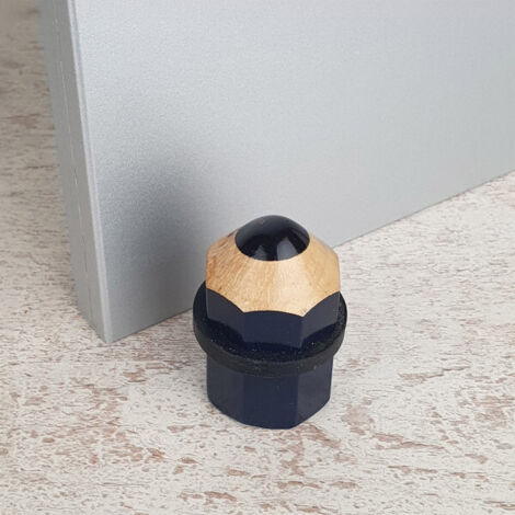 Ouvre&Déco – Butée de porte sol en bois naturel avec anneau caoutchouc – Absorption chocs – Design crayon – Couleur bleu